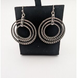 Silver Tone Triple Hoop Dangle Earrings Beaded & Hammered Texture Detail